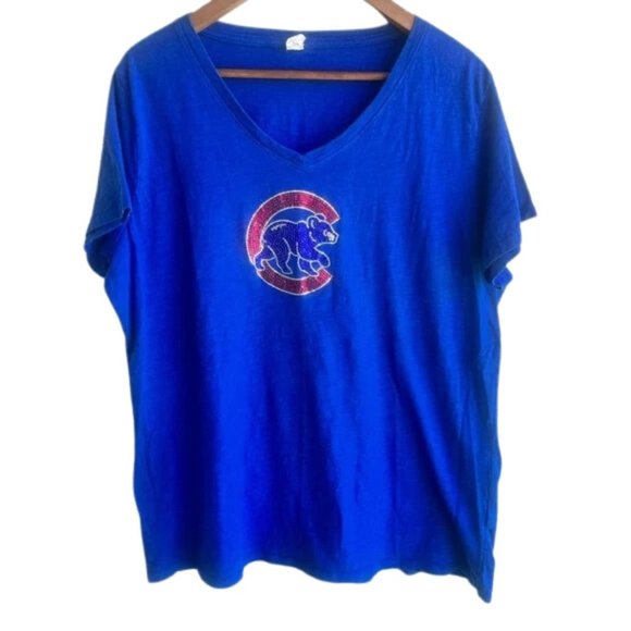 Chicago Cubs Tops - CHICAGO CUBS Rhinestone Blue Short Sleeve Tee Women’s XXL
